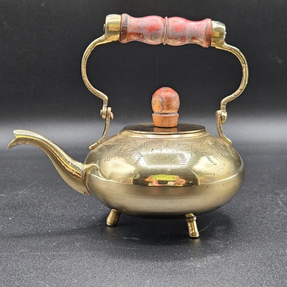 Vintage Etched Brass Miniature Teapot Tripod Feet Wood Handle Decorative 4.5in
